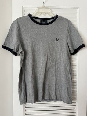Fred Perry Men's Grey Ringer T-Shirt with Black Trim, Size L